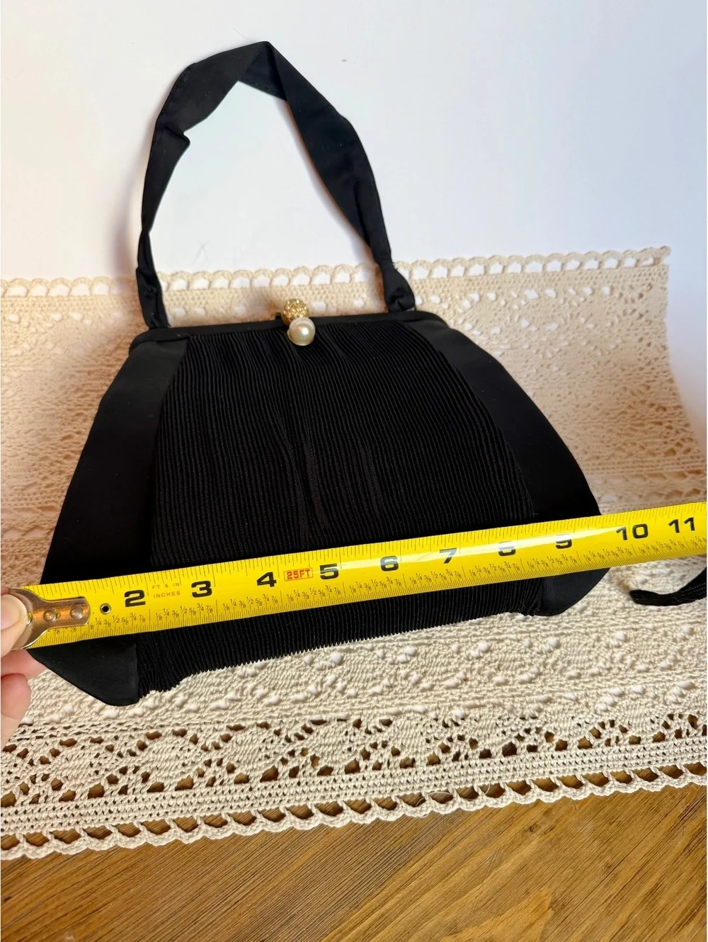 Vintage Garay Black Pleated Evening Handbag Rhinestone Pearl Clasp Purse